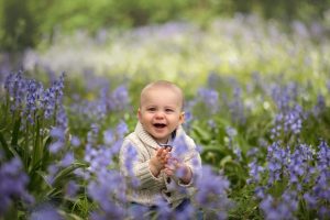 Outdoor baby photography in bluebells, Dorset